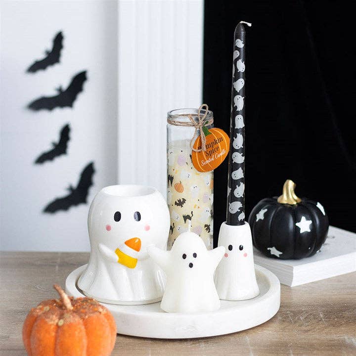 Geisterölbrenner und Wachswärmer mit Candy Corn-Motiv