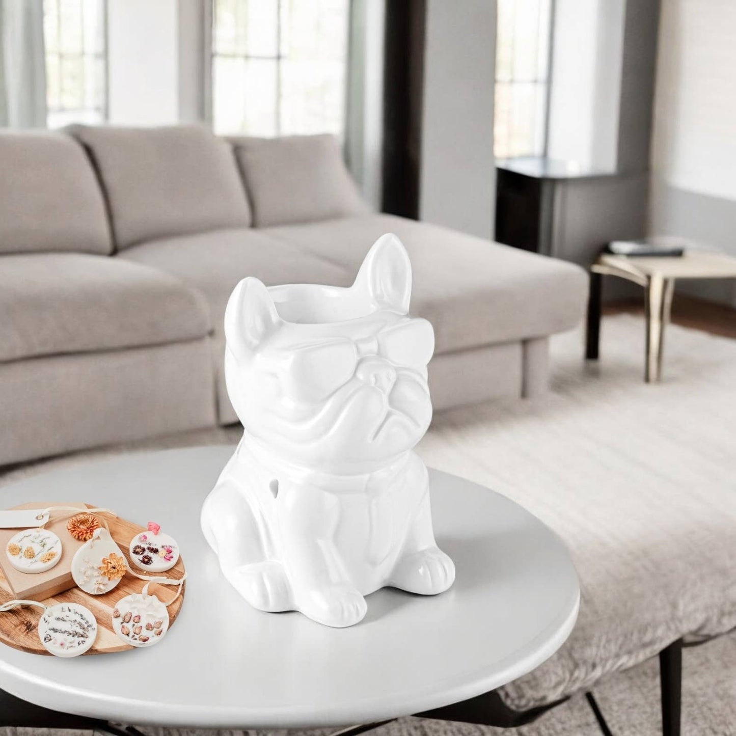 Französische Bulldogge Duftlampe aus weißer Keramik Boubou