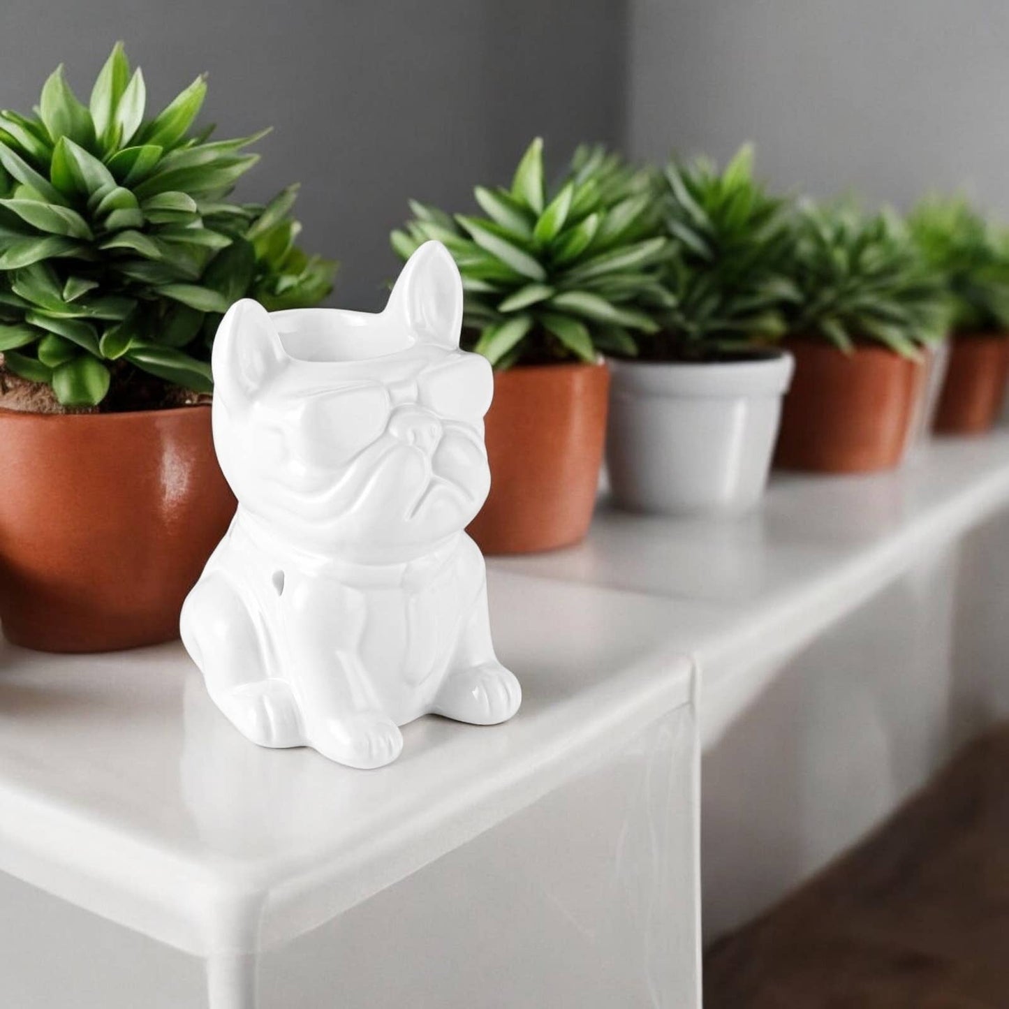 Französische Bulldogge Duftlampe aus weißer Keramik Boubou