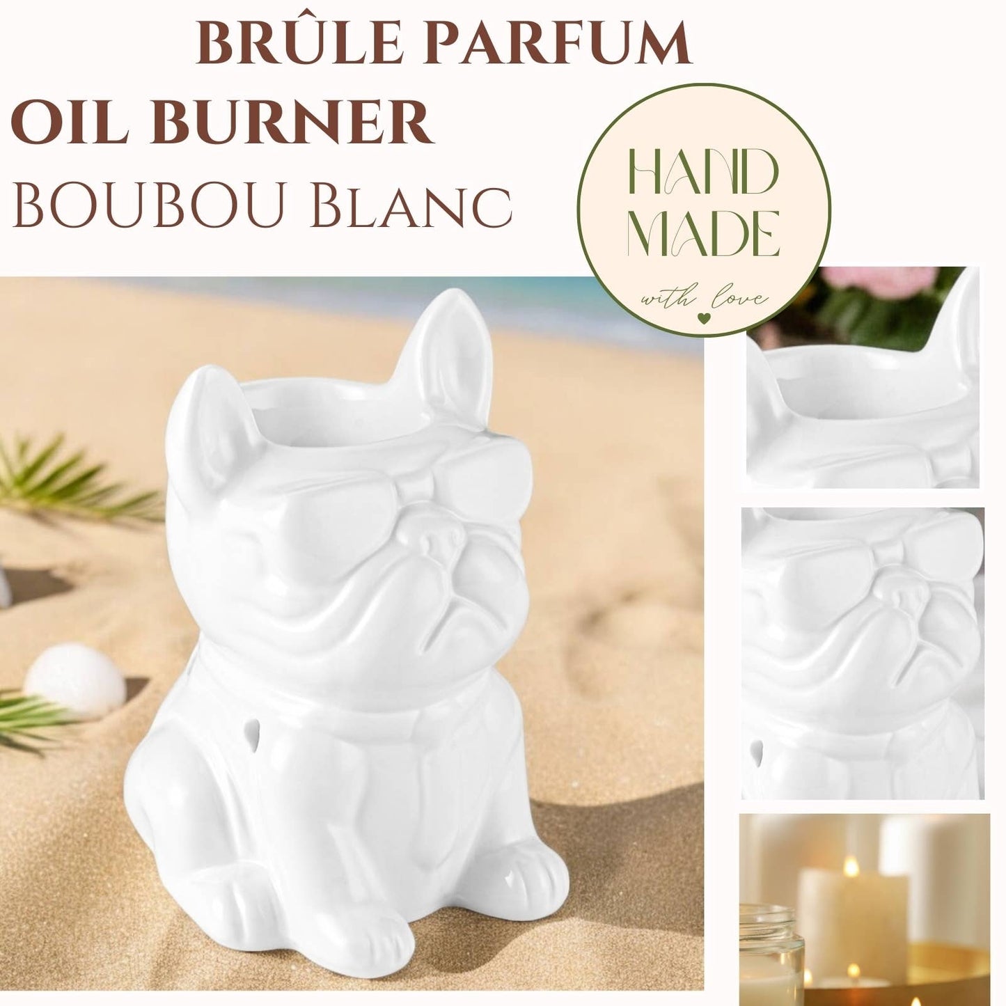 Französische Bulldogge Duftlampe aus weißer Keramik Boubou