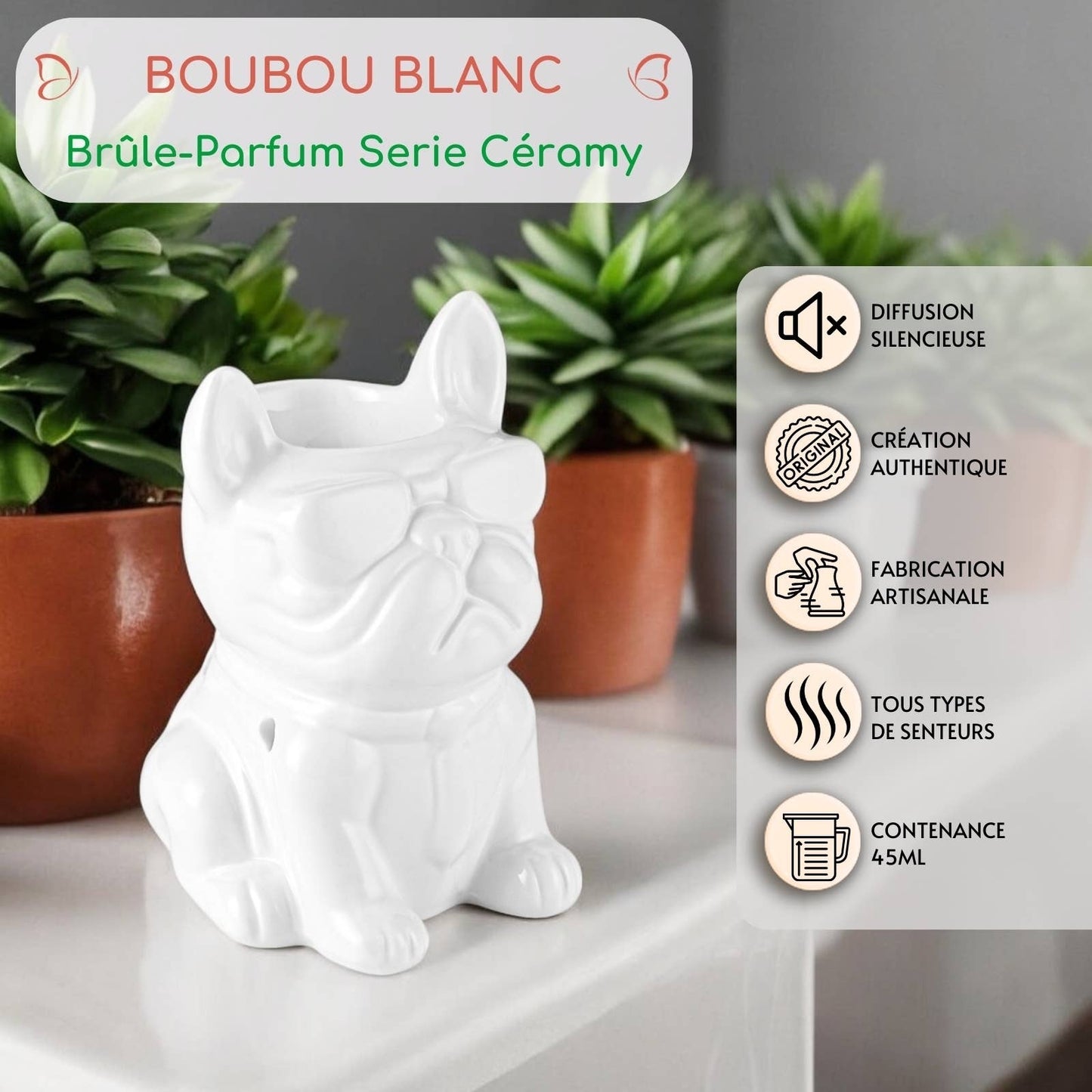 Französische Bulldogge Duftlampe aus weißer Keramik Boubou