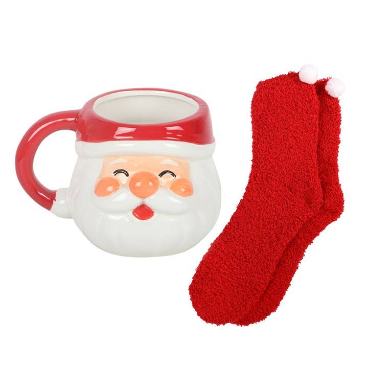 Set mit fröhlichem Weihnachtsmann – Tasse und Socken