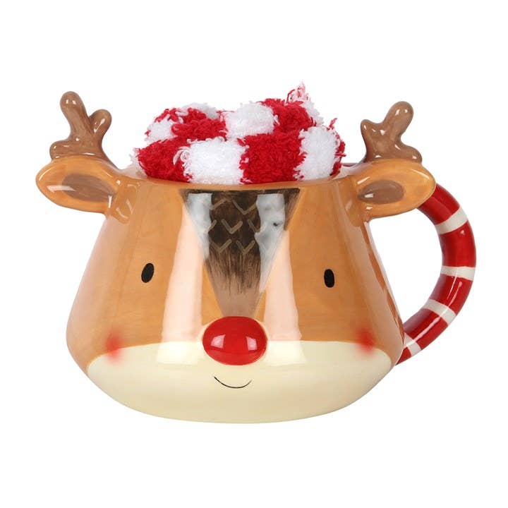 Weihnachtsset mit Tasse und Socken mit Rentiermotiv