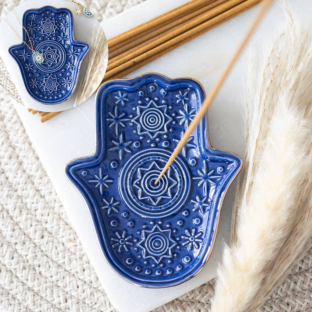 Räucherstäbchenhalter „Hamsa-Hand“ – Keramik in Dunkelblau