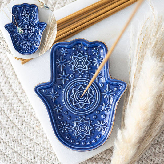 Räucherstäbchenhalter „Hamsa-Hand“ – Keramik in Dunkelblau