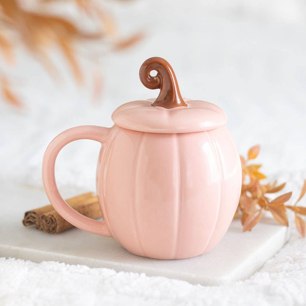 Rosa, lockiger Kürbis-Becher mit Deckel (herbstlich)