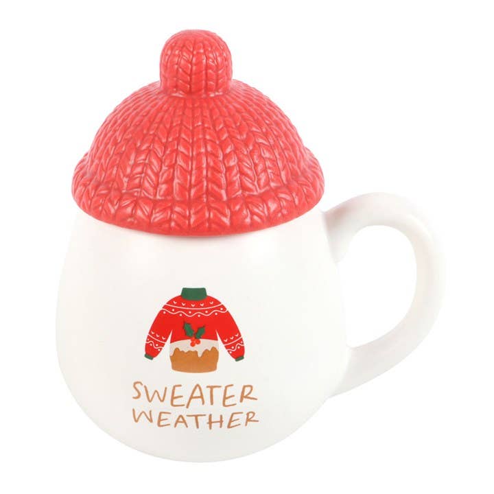 Weihnachtstasse mit Deckel und Strickmuster-Mütze