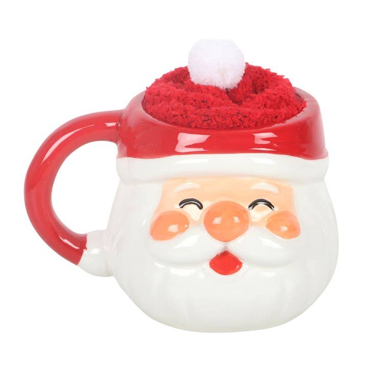 Set mit fröhlichem Weihnachtsmann – Tasse und Socken
