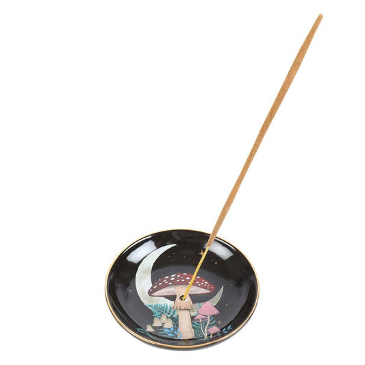 Räucherstäbchen- & Räucherkegelhalter „Mond & Fliegenpilz“ – Mystische Keramikplatte