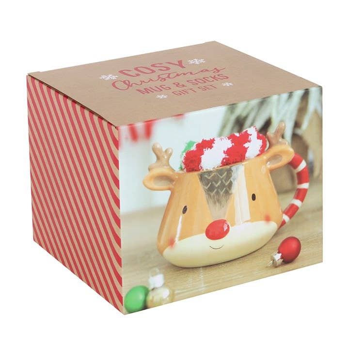 Weihnachtsset mit Tasse und Socken mit Rentiermotiv